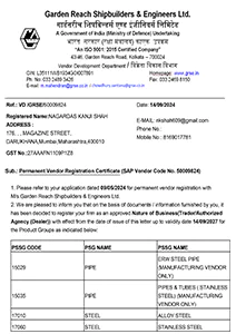 Scanned copy of Garden Reach Shipbuilders & Engineers Ltd certification