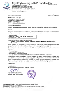 Scanned copy of Toyo Engineering India Pvt. Ltd. certification