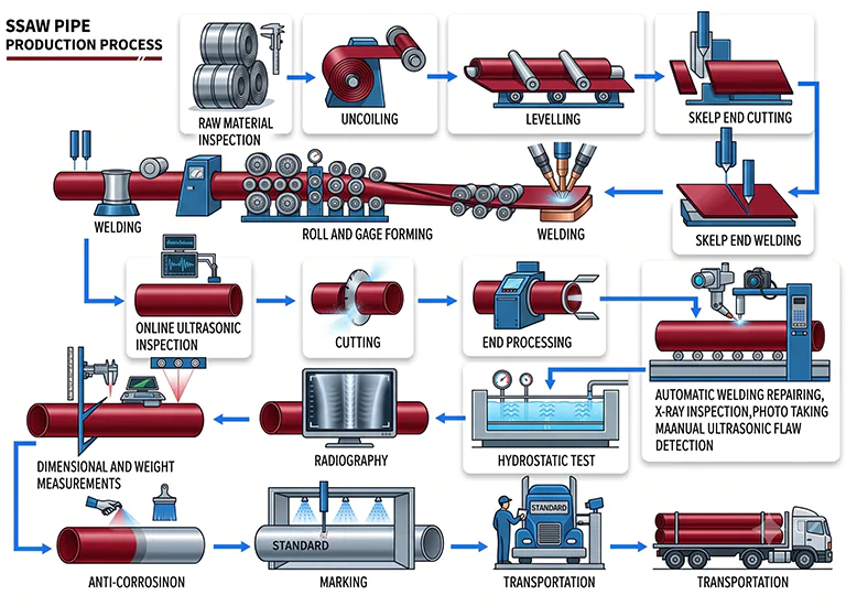 Illustration of Spiral Submerged Arc Welded Pipe Production Process